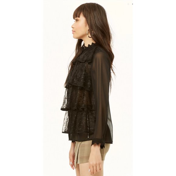 Floral Lace Layered Chiffon Blouse EUC M High Neck Sheer Boho Workwear Party - Picture 2 of 4